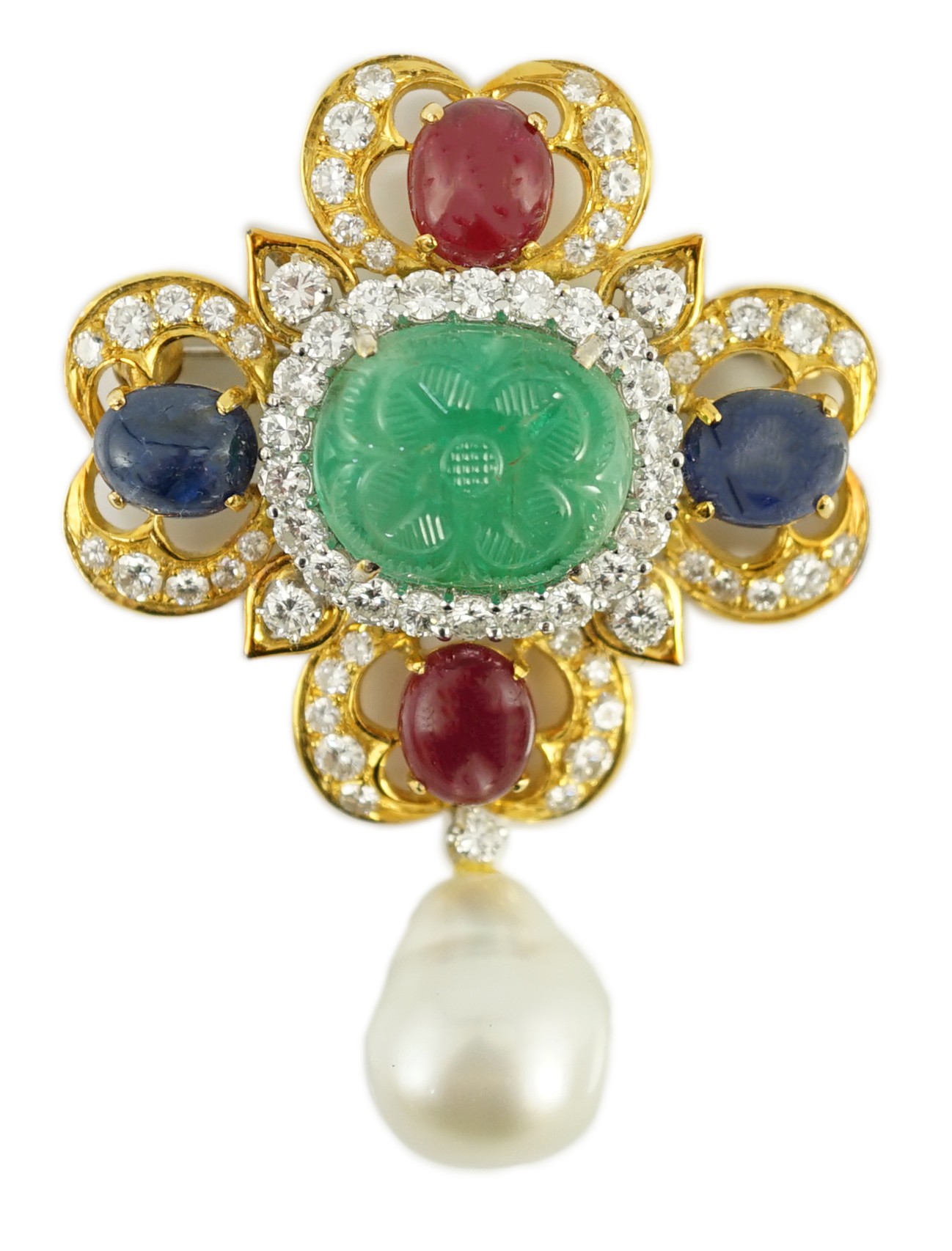 A mid 20th century 18k gold ‘four leaf clover’ emerald, cabochon sapphire, cabochon ruby and baroque pearl set drop pendant brooch, by Trio Pearl Company, Hong Kong